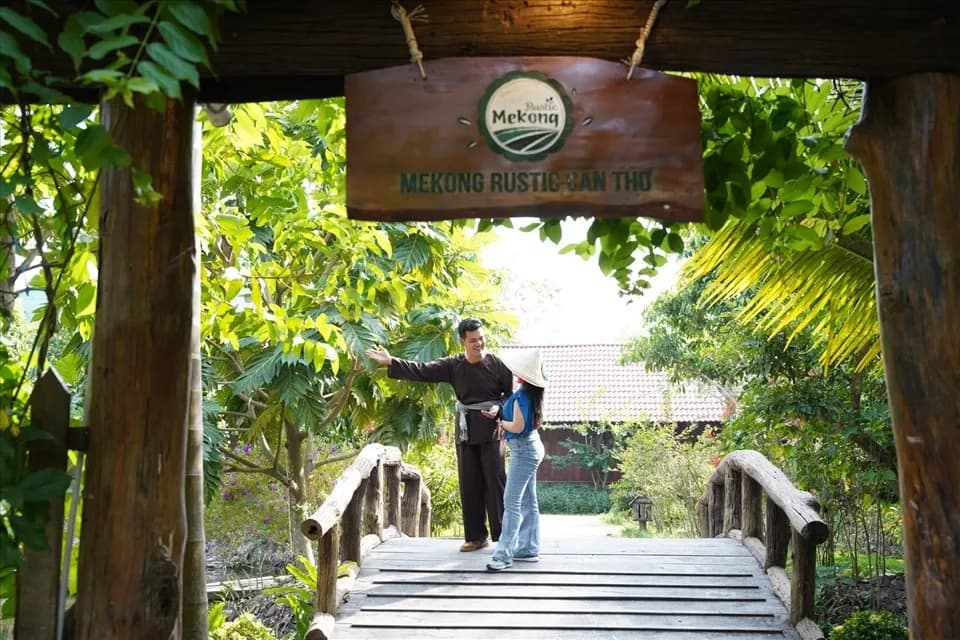 Entrance to Mekong Rustic Can Tho, beginning a journey exploring the Mekong Delta life.