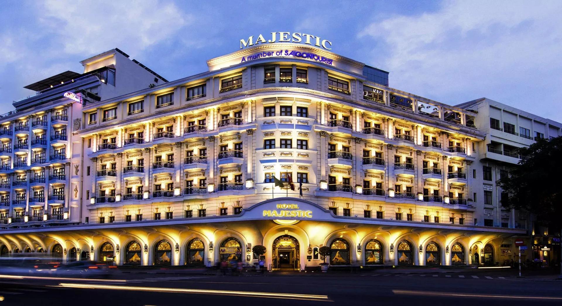 Majestic Saigon Hotel shines brightly at night, an iconic Saigon landmark.