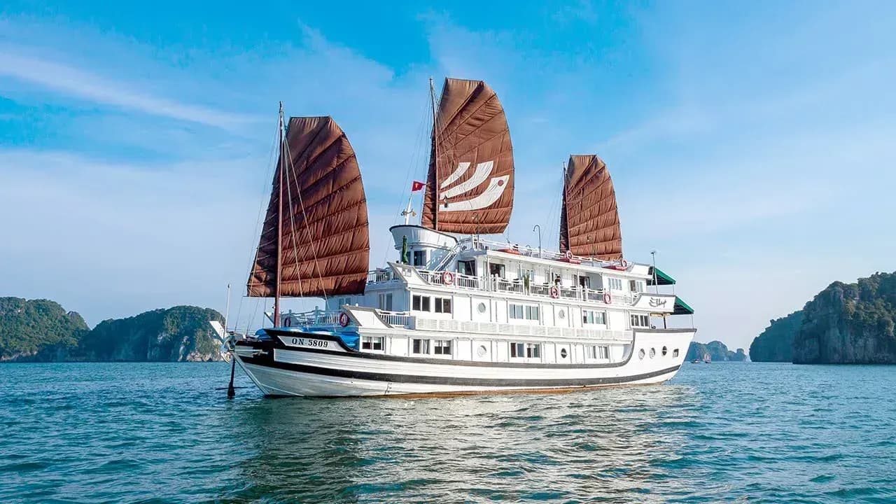 Bhaya Cruise with traditional sails on Ha Long Bay.