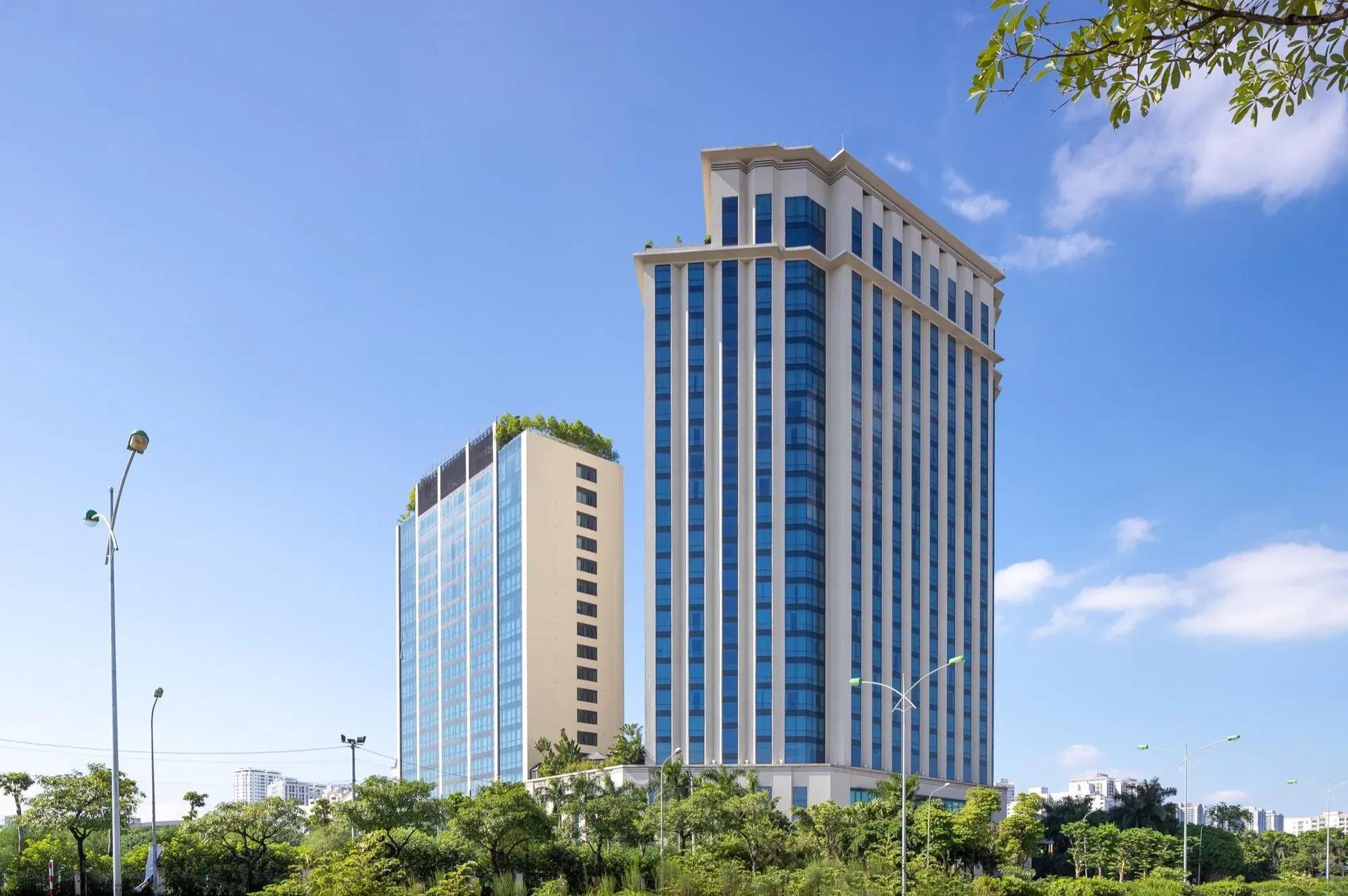 Panoramic view of Hyatt Regency West Hanoi, showcasing modern and sophisticated architecture.