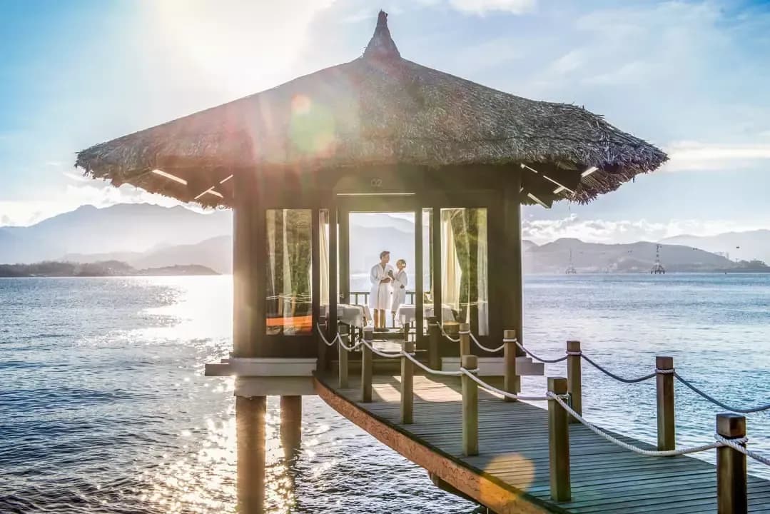 Idyllic overwater spa pavilion at Vinpearl Luxury Nha Trang.